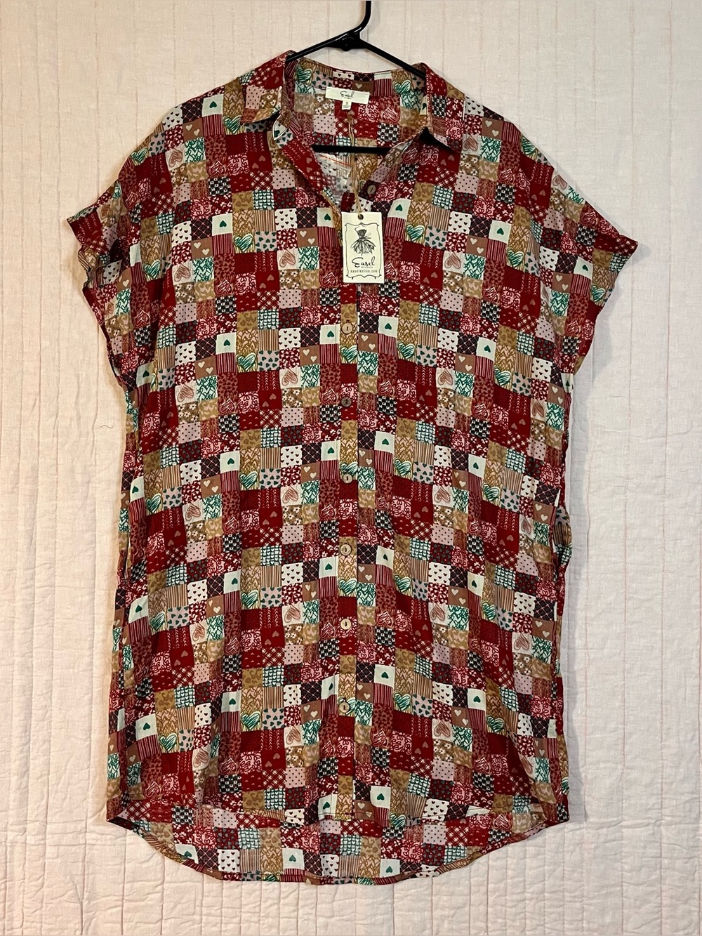 NWT Easel Patchwork Print Button-Front Tunic Dress or Duster Pockets Womens S